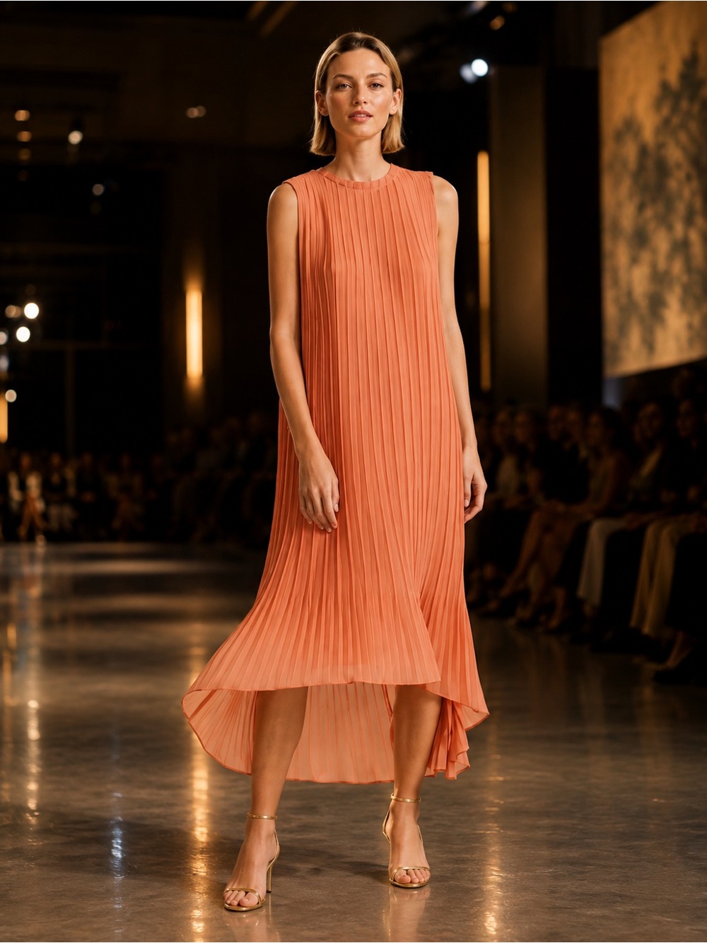 Club Monaco Pleated High Low Dress Peach Terracotta Midi Swing Size 12 NWT